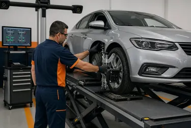 Carro sendo alinhado por um profissional em serviço de borracharia.