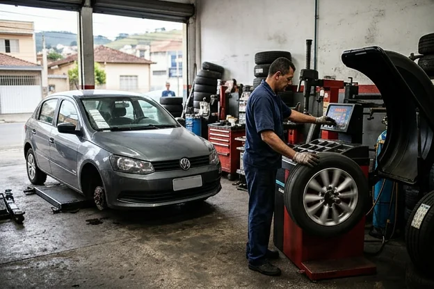 Equipamento de balanceamento de rodas em operação feita por um profissional.