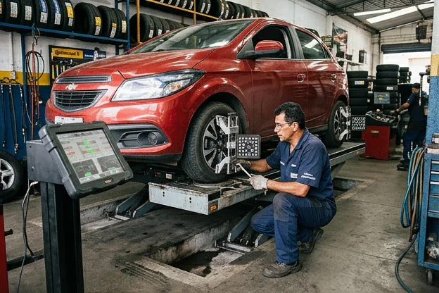 Profissional ajustando o alinhamento de rodas de um carro.