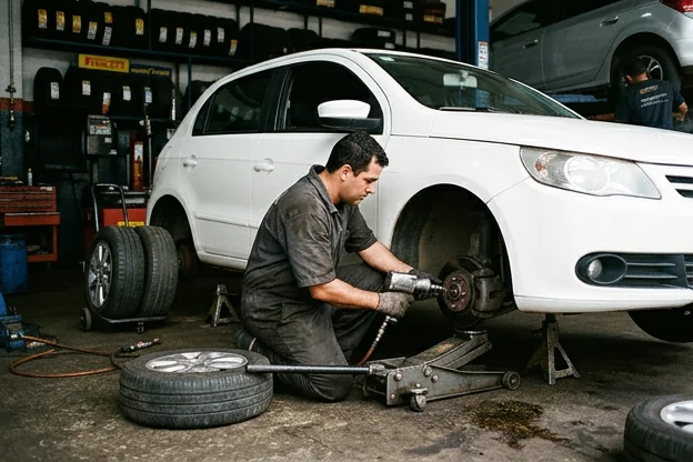 Profissional demonstrando a técnica de rodízio de pneus em um carro.