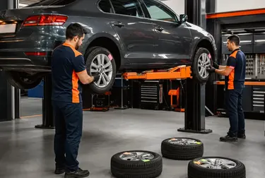 Profissional fazendo rodízio de pneus em um veículo com ferramentas de borracharia.