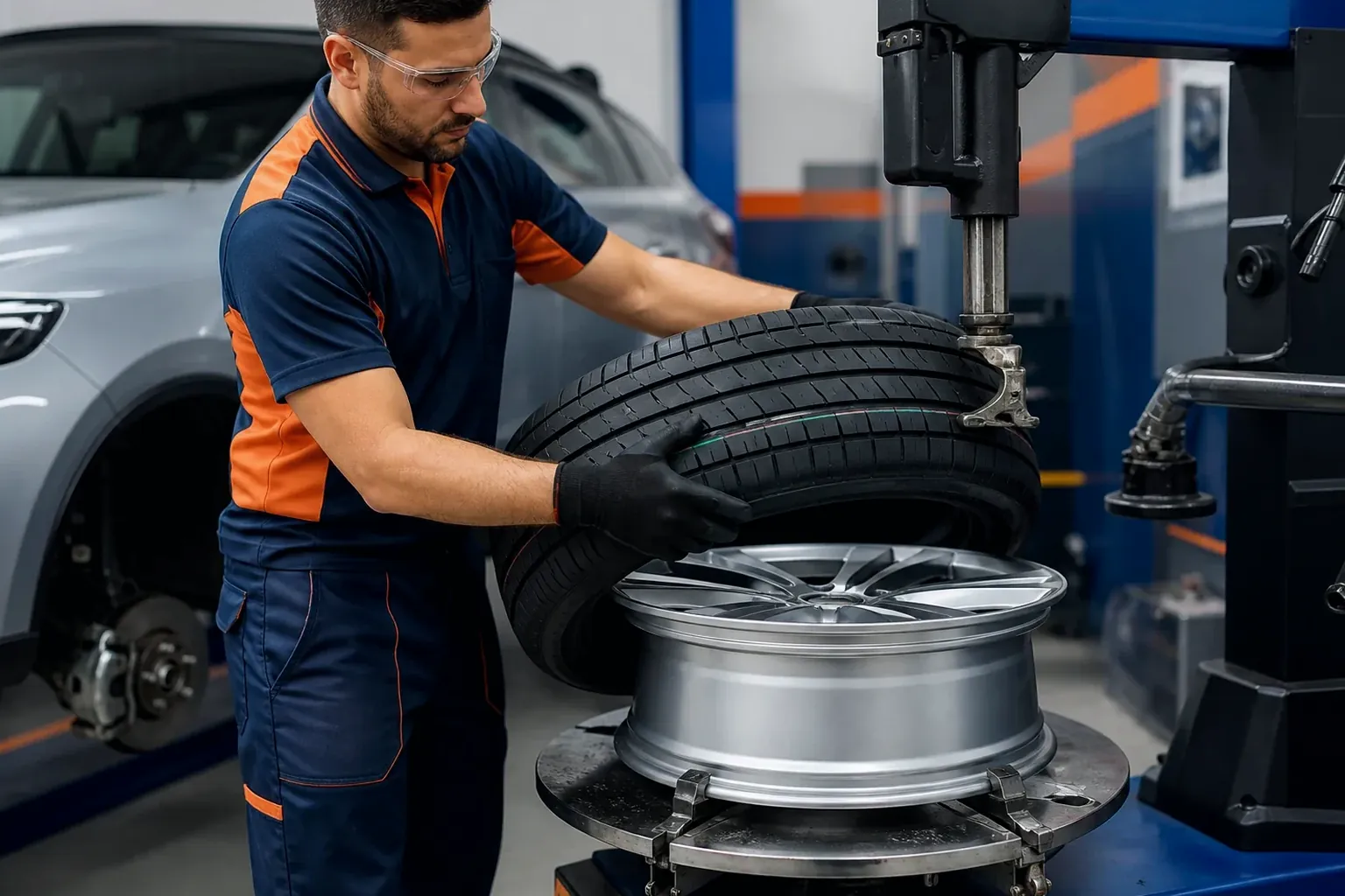 Profissional trocando pneus de um carro com ferramentas adequadas.