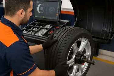 Técnico balanceando rodas com equipamento especializado.