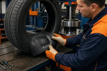 Técnico realizando vulcanização em um pneu usando ferramentas especializadas.